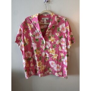 JONES NEW YORK Button Up Shirt Women XL Linen Blend Pink Floral Short Sleeve